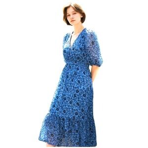 Old Navy Smocked Midi Dress Womens L Blue Floral Sheer Short Sleeve Boho Cottage